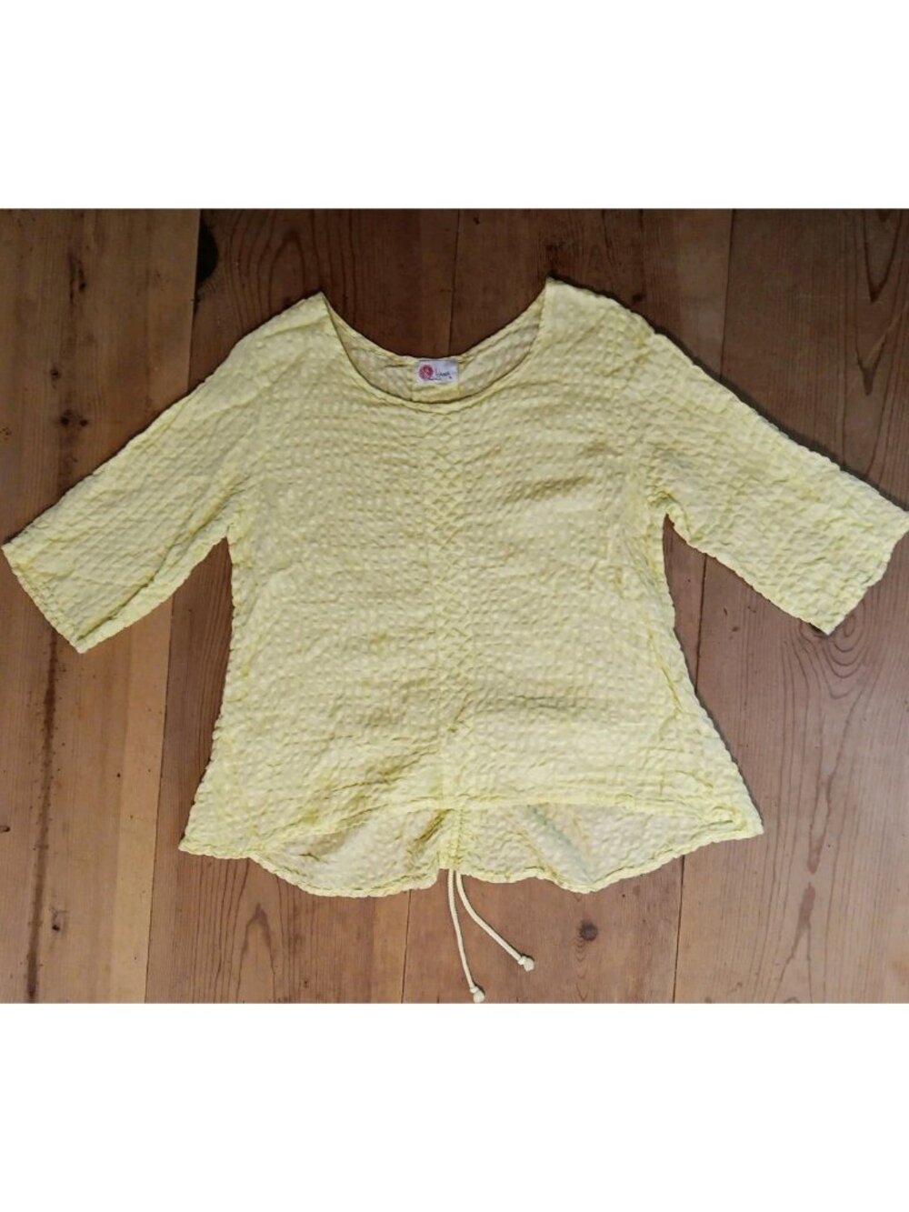 Linnea Womens S Blouse Yellow Linen Blend Seersucker Ruched Back Semi Sheer USA